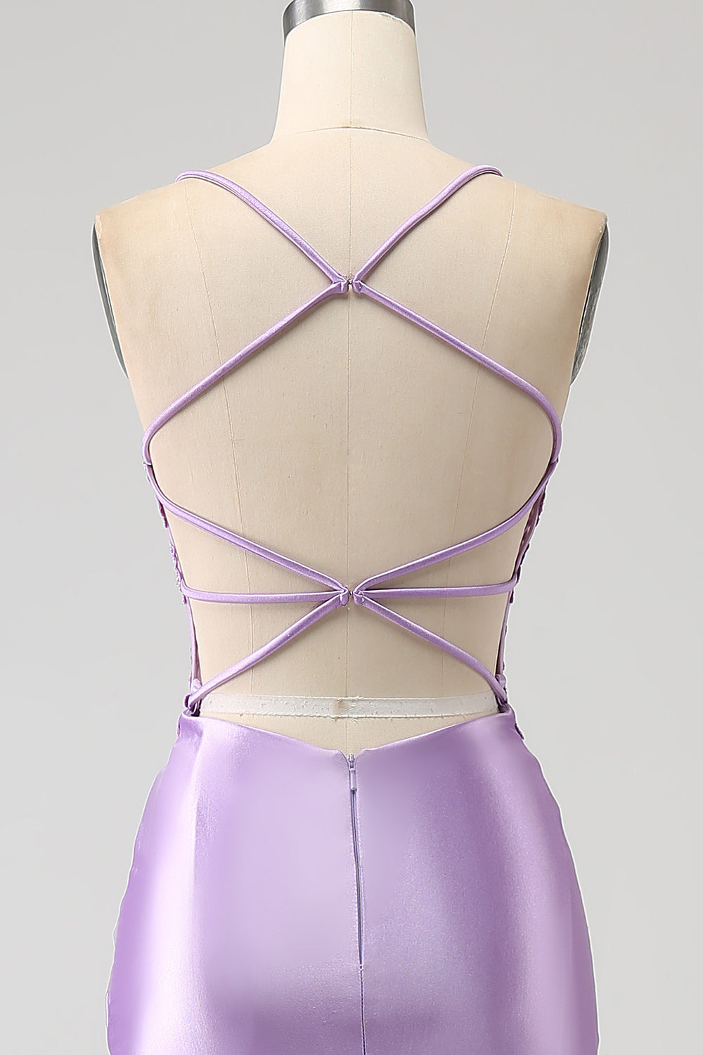 Robe de bal longue lilas sirène élégante avec bretelles spaghetti, appliques et fente
