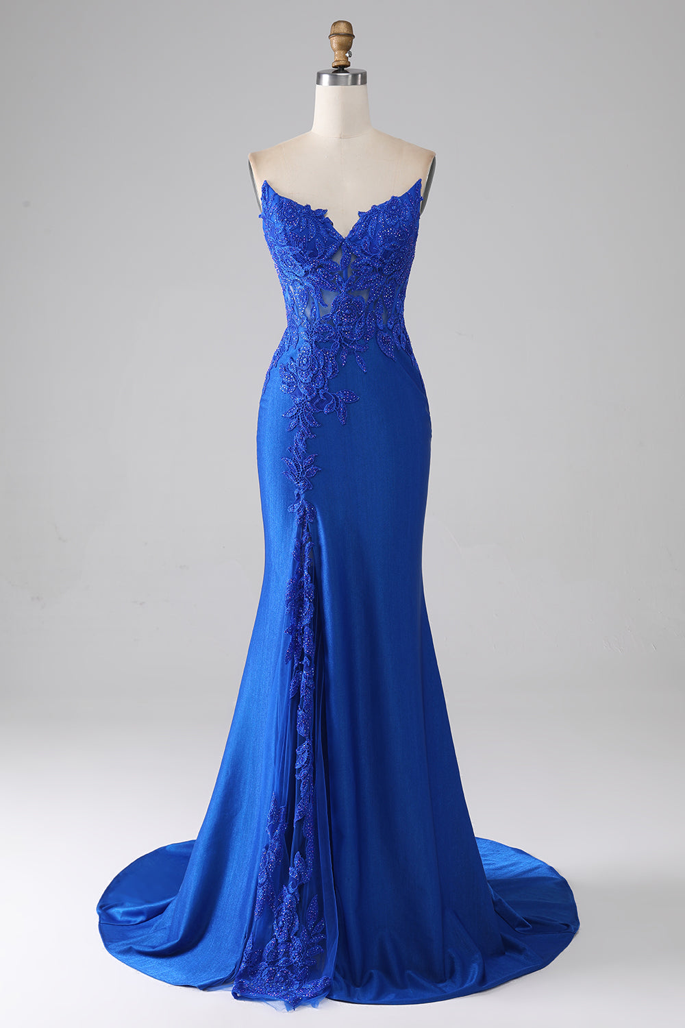 Robe de bal sirène longue bustier bleu roi perlée avec applications