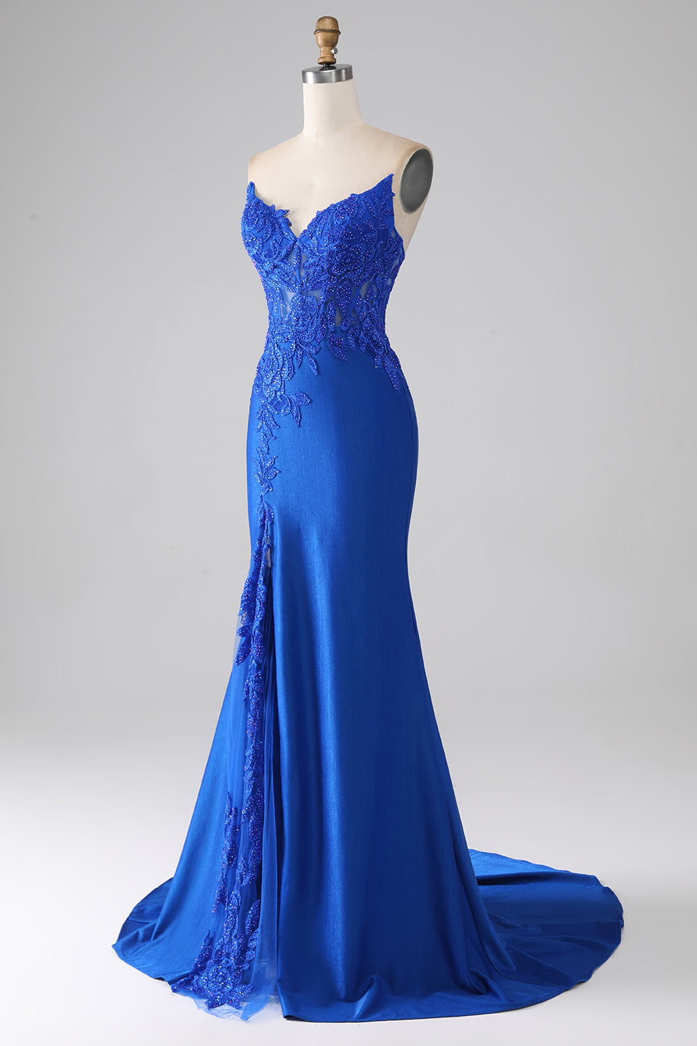 Robe de bal sirène longue bustier bleu roi perlée avec applications