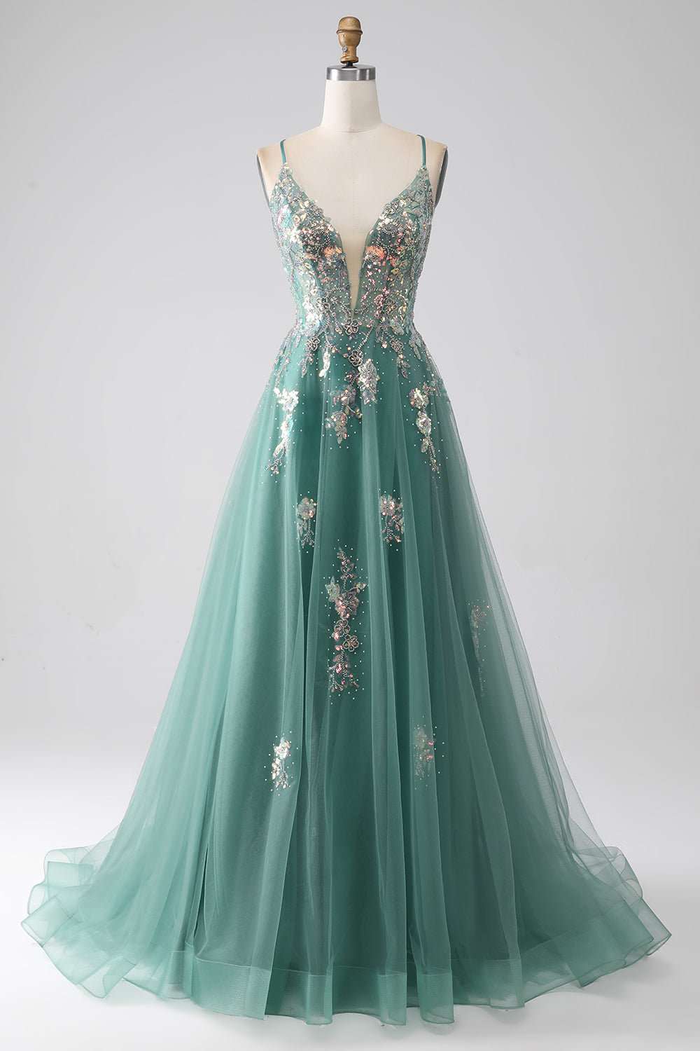 Robe de soirée longue trapèze vert à fines bretelles avec appliqués de paillettes scintillantes