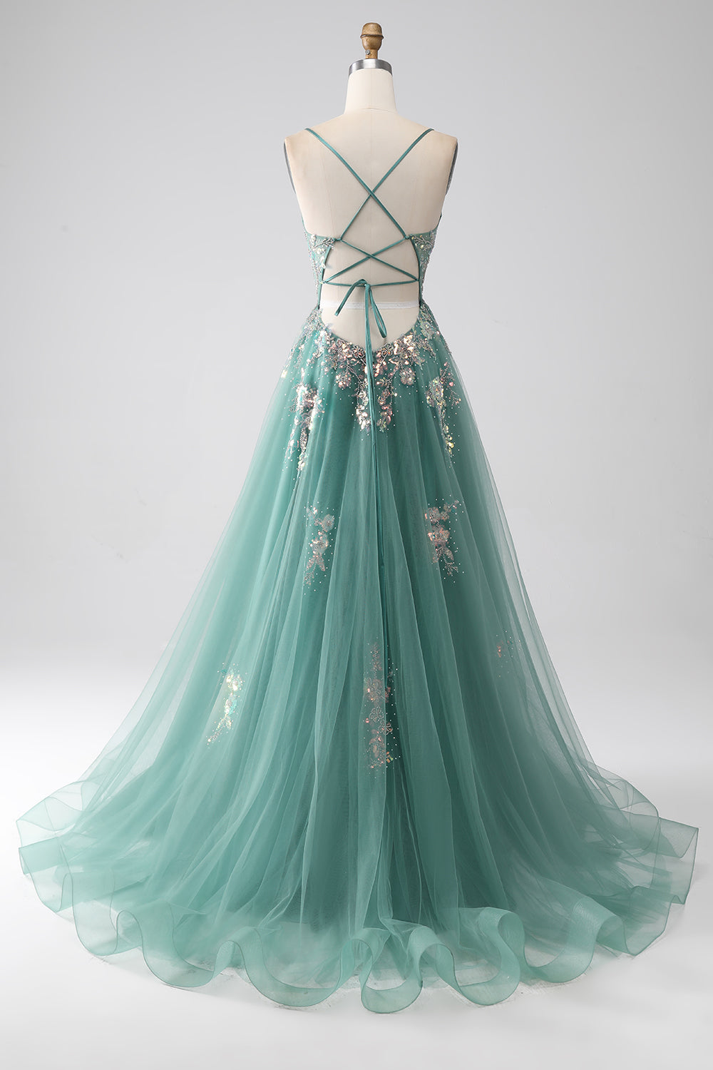Robe de soirée longue trapèze vert à fines bretelles avec appliqués de paillettes scintillantes