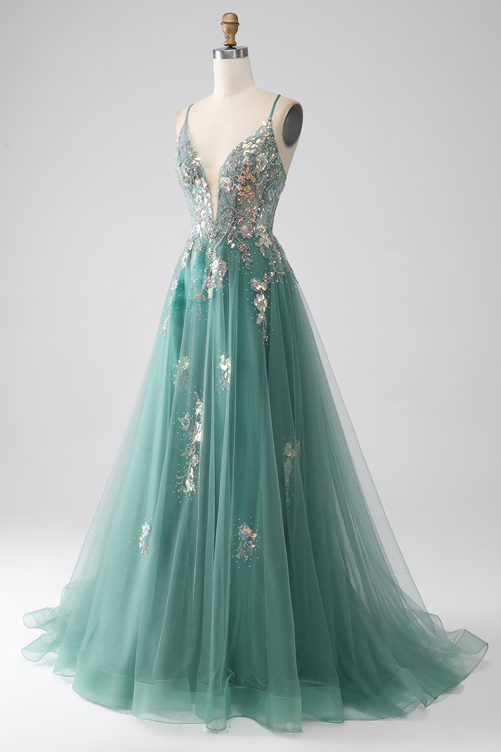Robe de soirée longue trapèze vert à fines bretelles avec appliqués de paillettes scintillantes