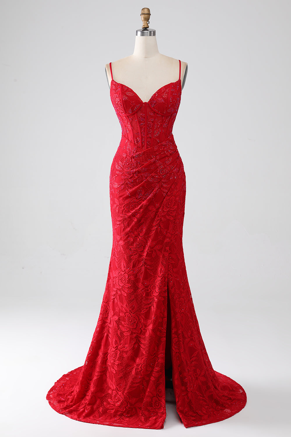 Robe de bal rouge sirène à bretelles spaghetti avec applications de dentelle perlée et fente