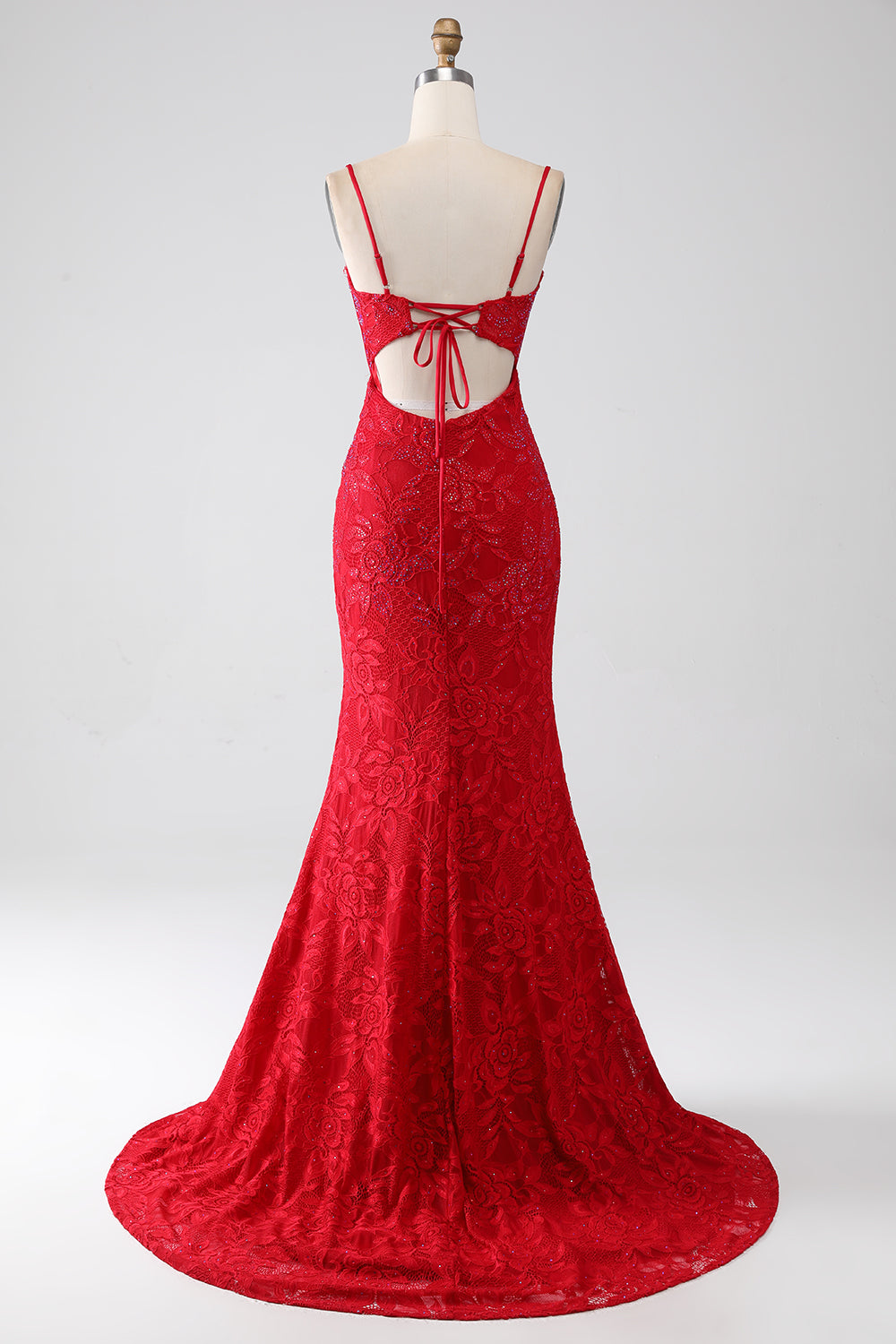 Robe de bal rouge sirène à bretelles spaghetti avec applications de dentelle perlée et fente