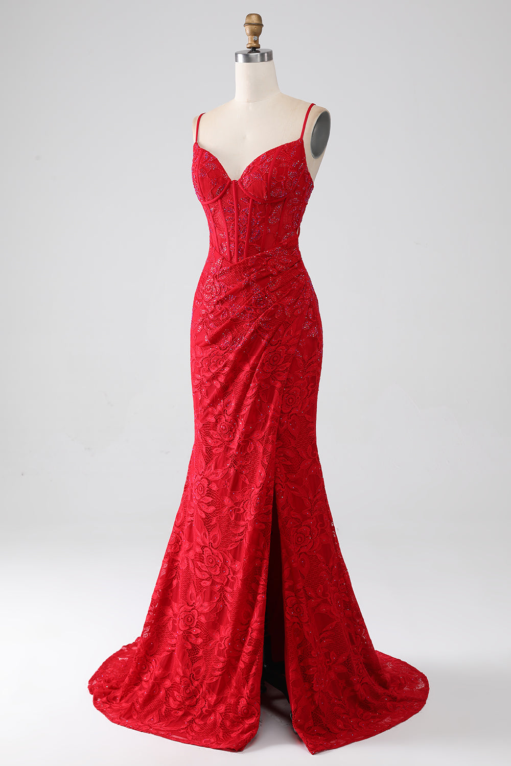Robe de bal rouge sirène à bretelles spaghetti avec applications de dentelle perlée et fente