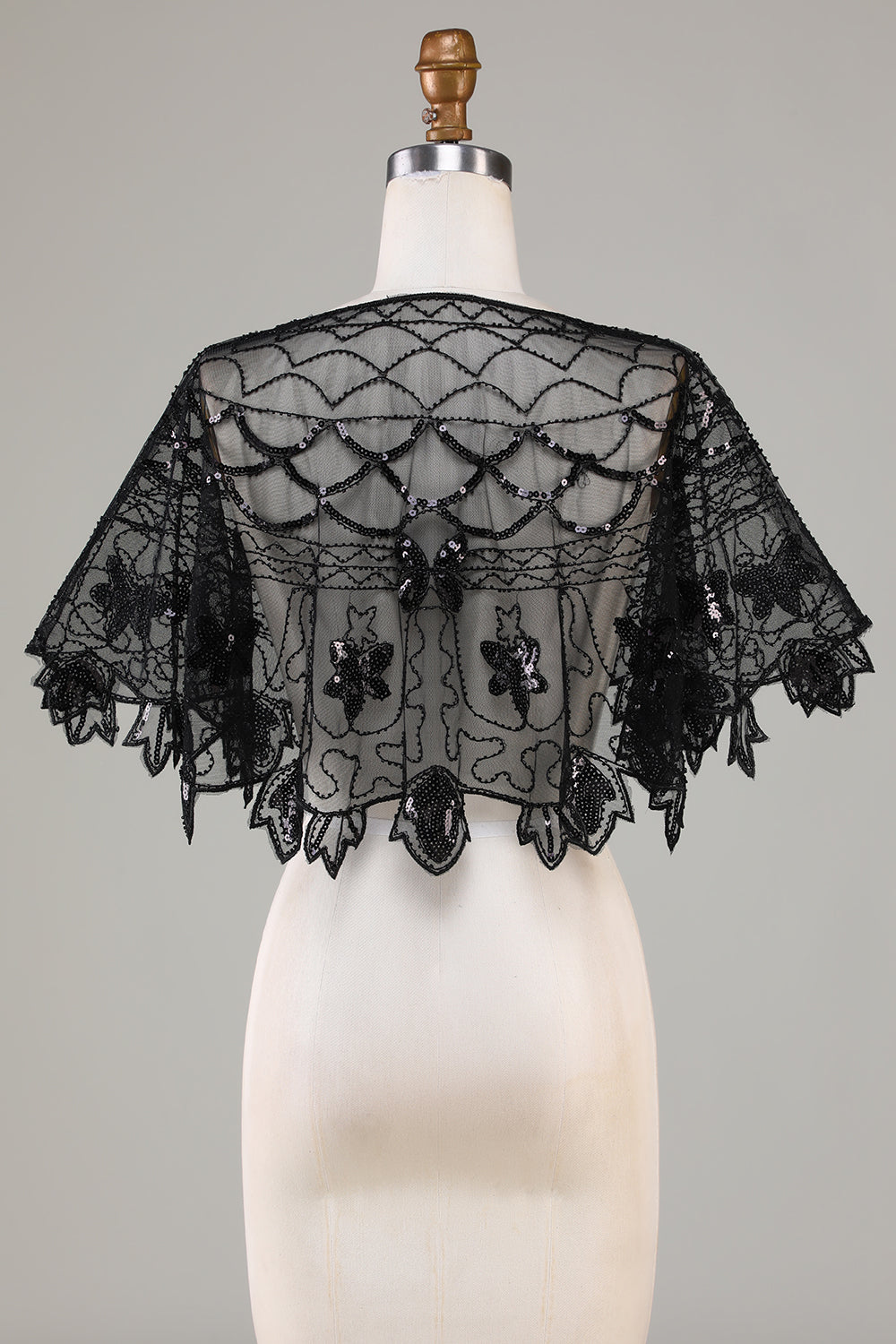 Cape noire pailletée à sequins années 20, avec perles