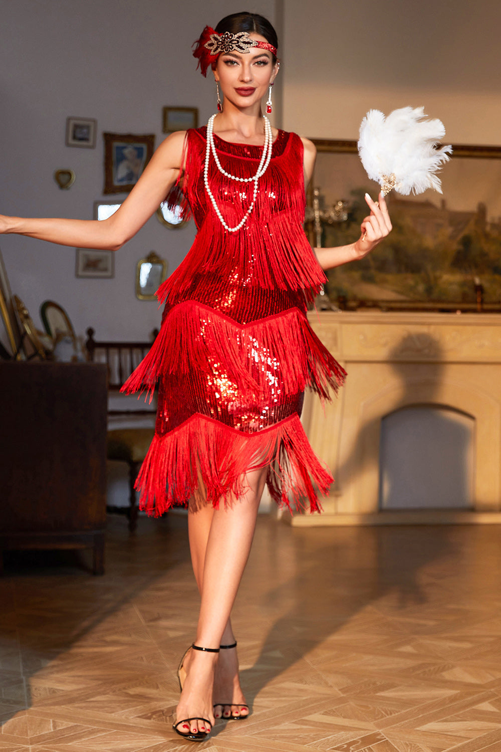 Robe à sequins rouge à franges Années 20