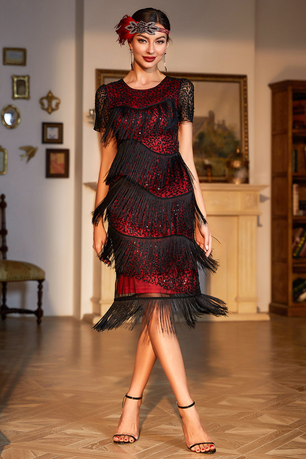 Robe Charleston noire à franges et perles Gatsby
