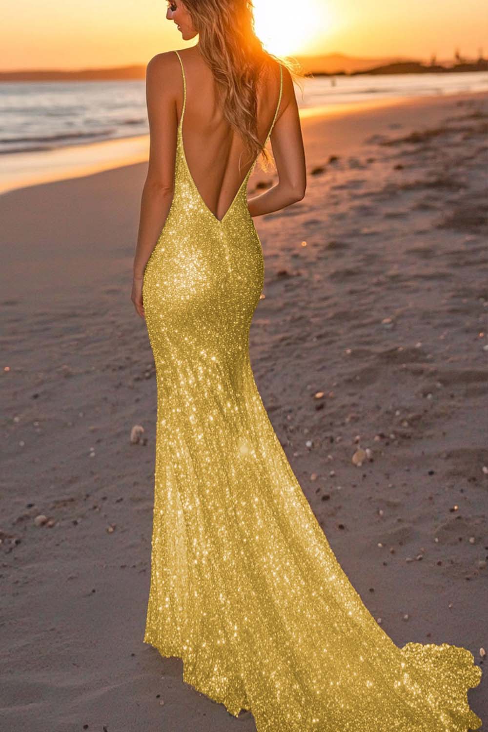 Robe de soirée longue sirène dos nu argentée scintillante