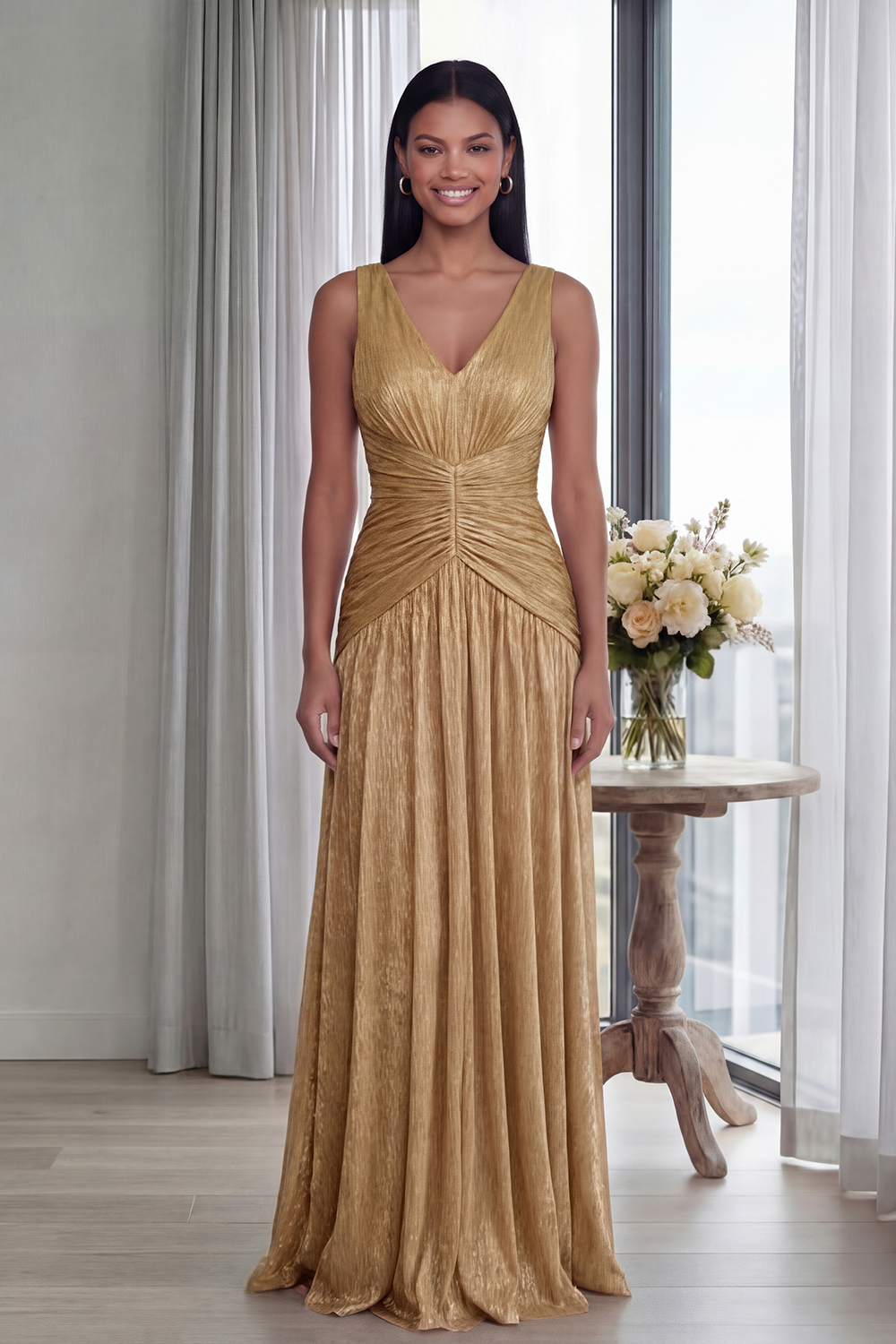 Dusty Rose V-Neck A-Line Pleated Long Formal Dress