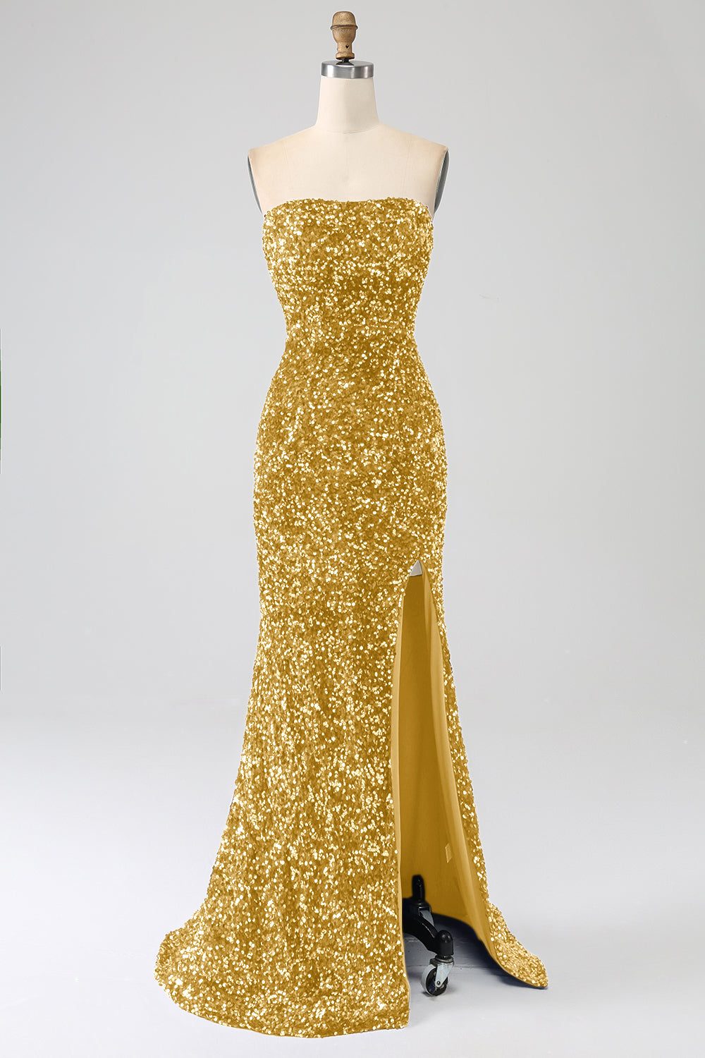 Robe de bal sirène longue rouge sans bretelles à paillettes avec fente