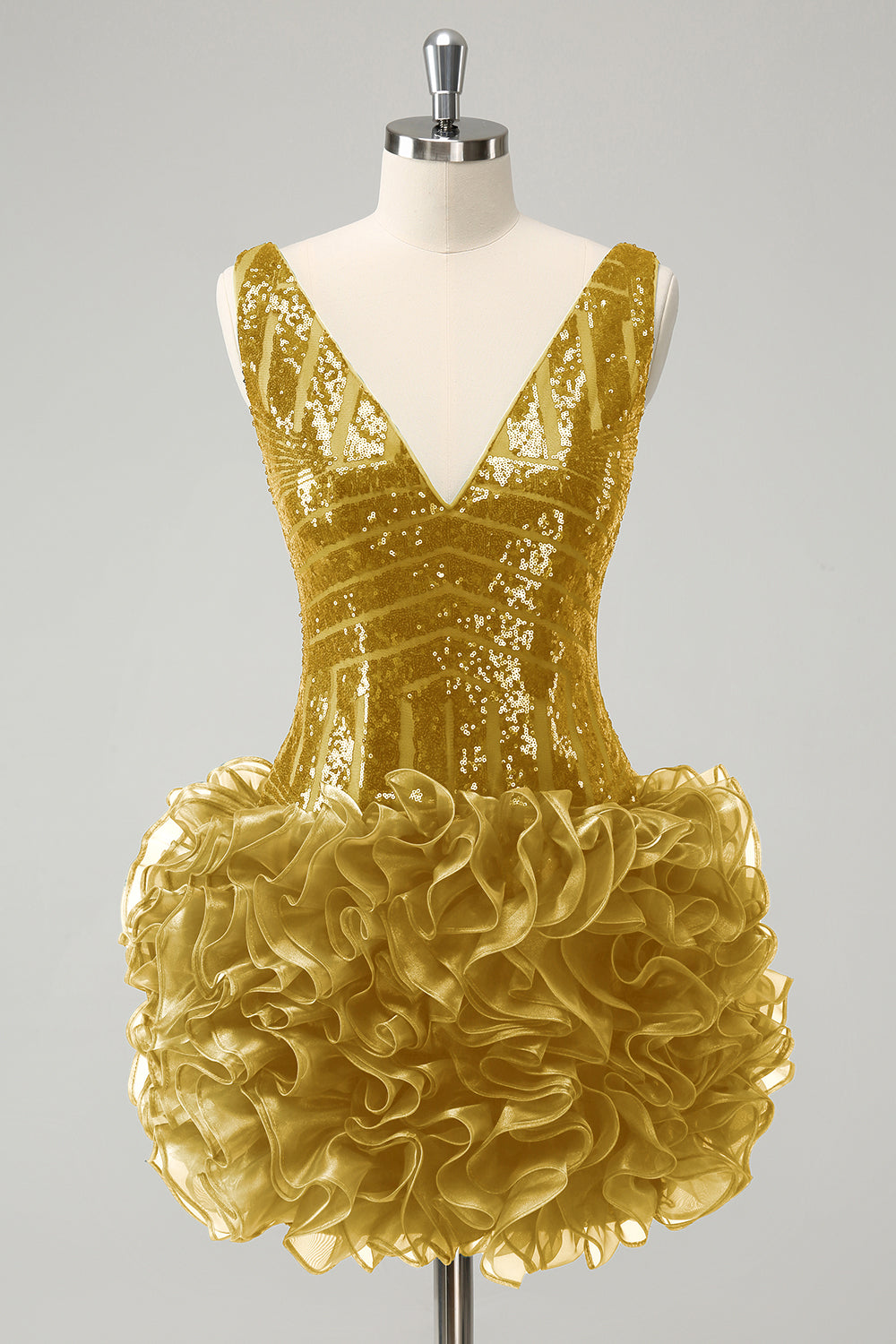 Glitter Dark Green V Neck Sequin Homecoming Dress with Detachable Ruffles