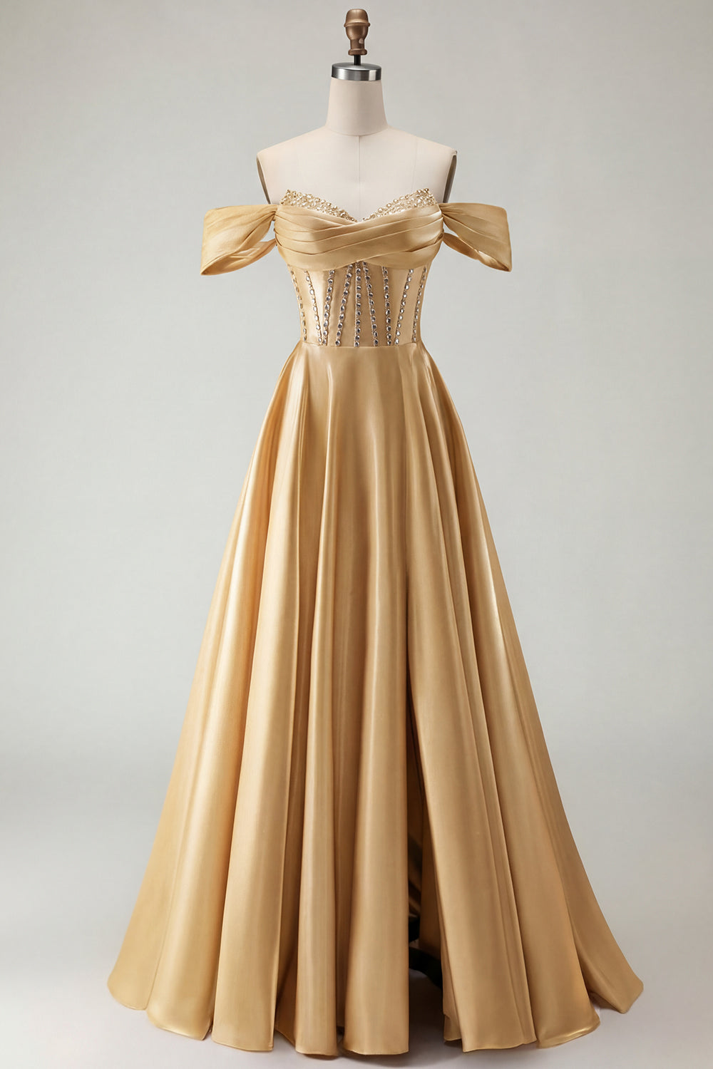 Robe de bal longue en tulle violet avec corset, épaules dénudées, perles, ligne A et fente
