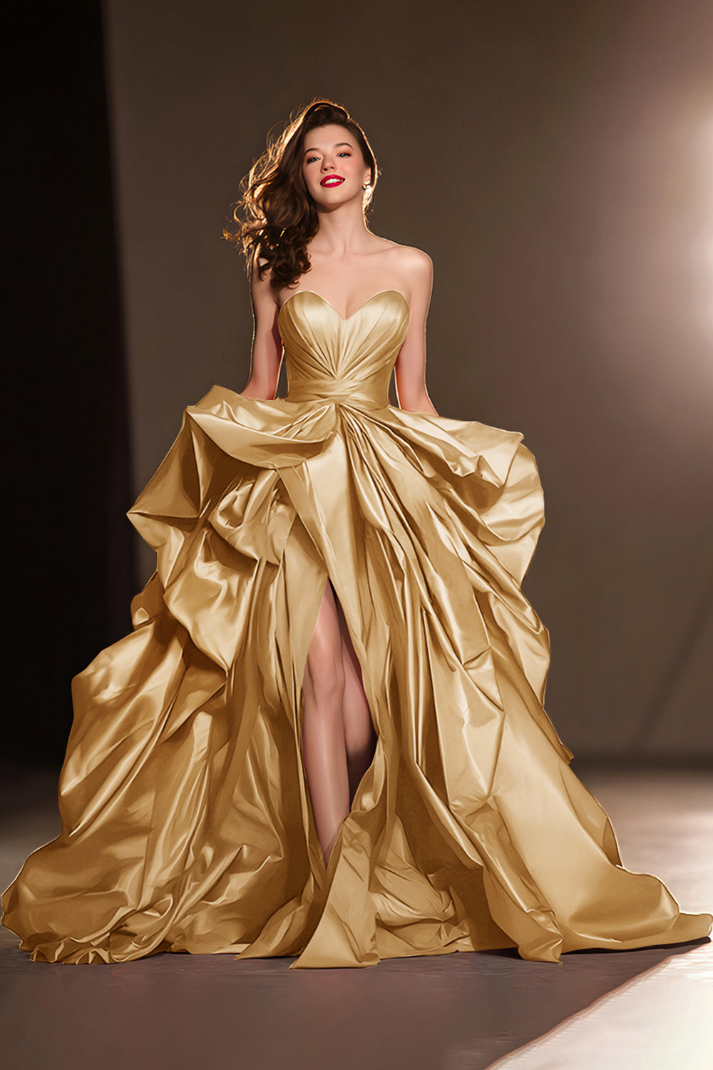 A-Line Sweetheart Dark Red Ruffle Pageant Dress with Slit