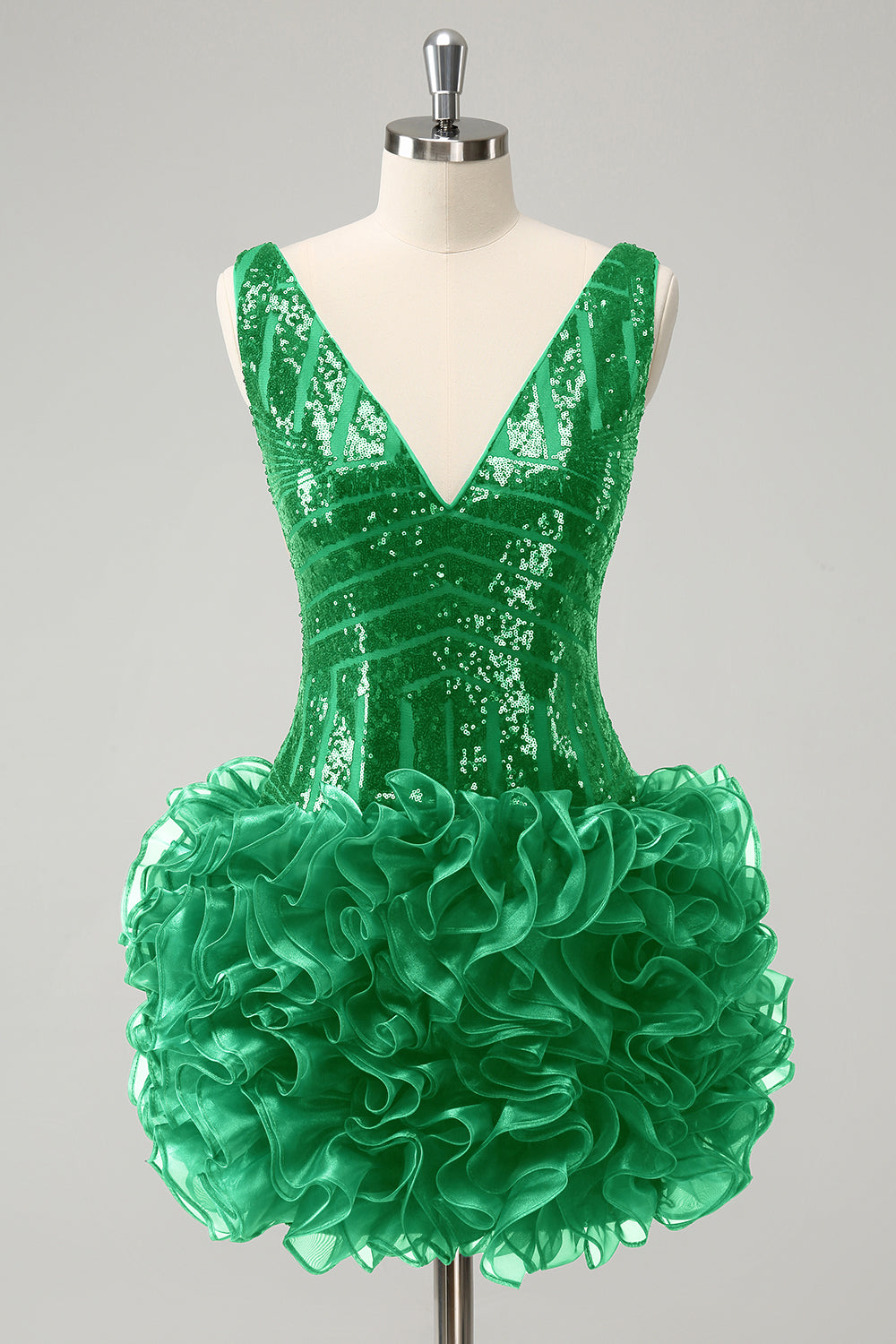Glitter Dark Green V Neck Sequin Homecoming Dress with Detachable Ruffles