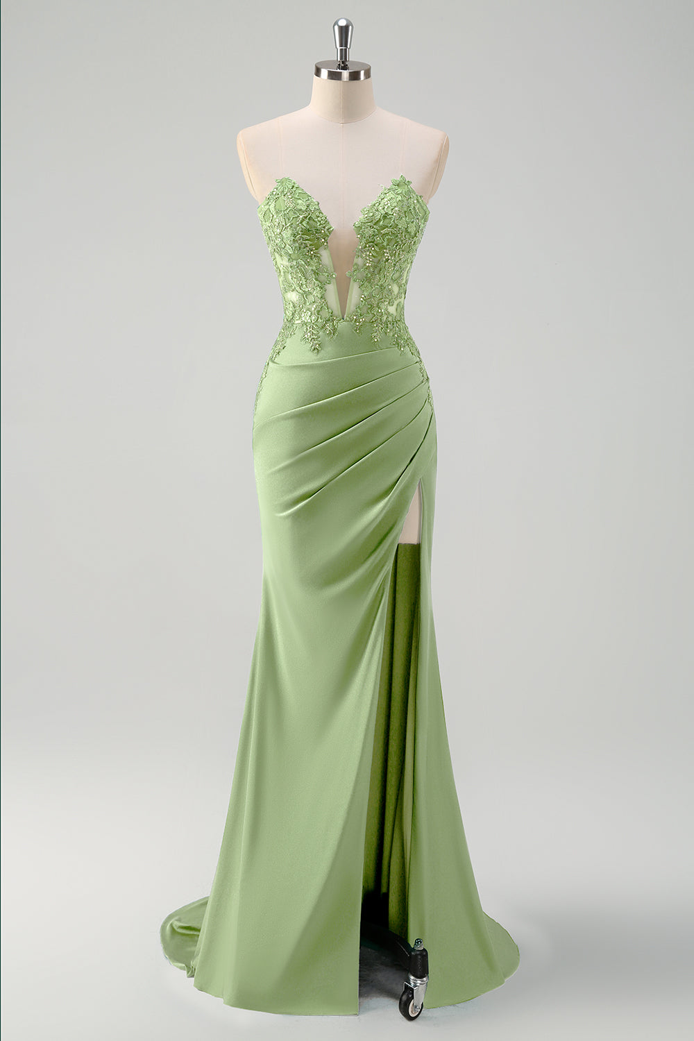 Robe de bal longue bustier sirène vert avec découpes et fente