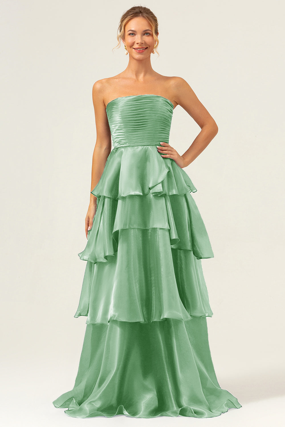 Blue A Line Strapless Tiered Satin Long Prom Dress