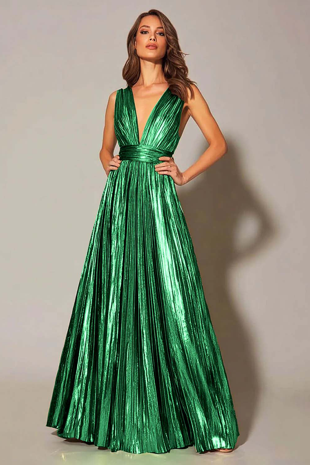 Robe de soirée plissée coupe trapèze doré métallisé