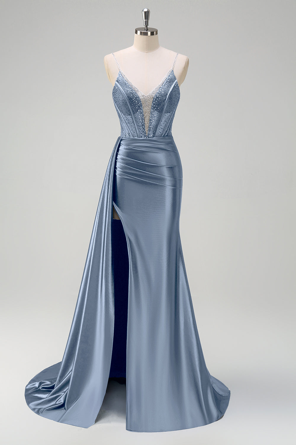 Vestido de Baile Sirena Escote en V con Corset, Entrenador Watteau, Bordado y Abertura