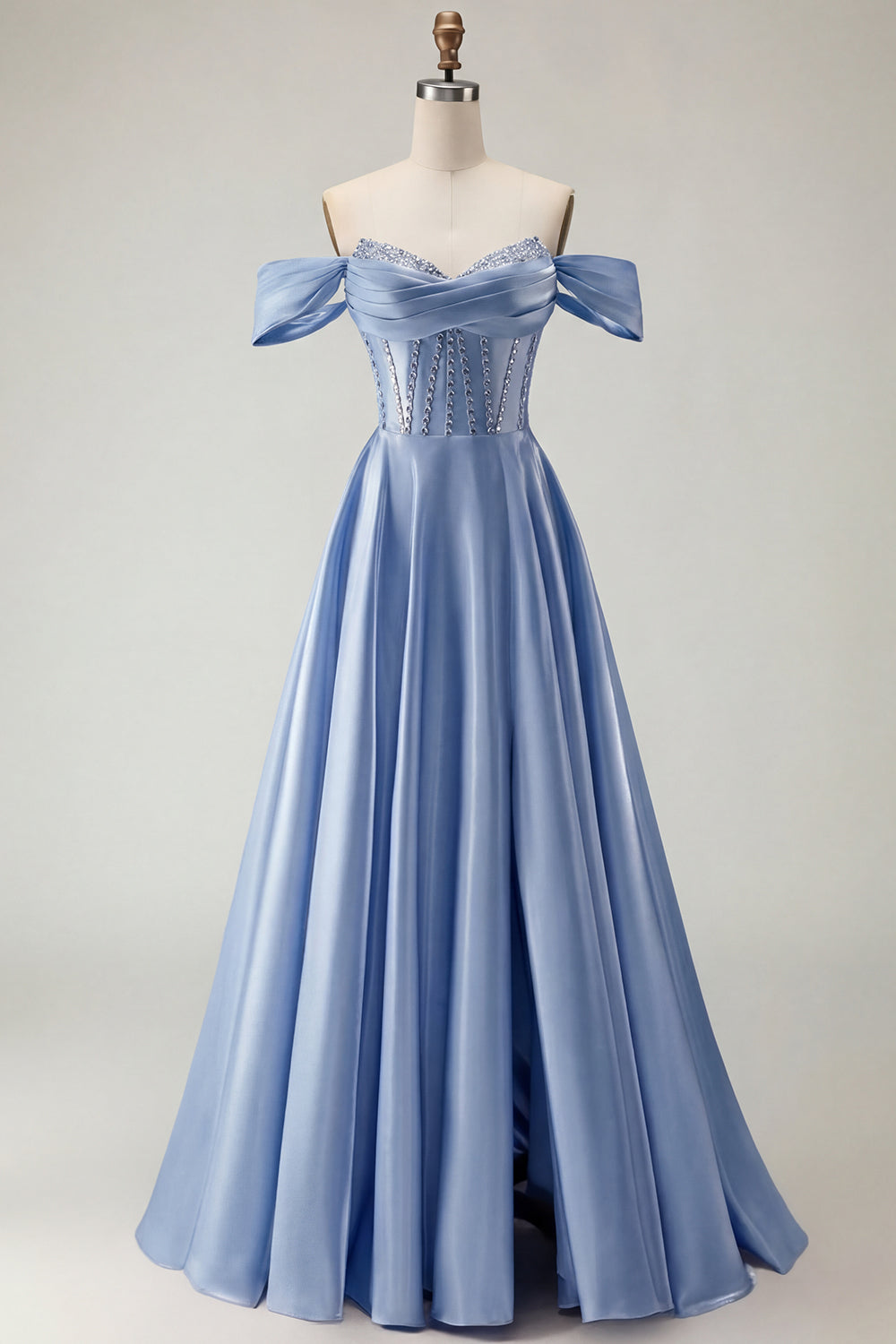 Robe de bal longue en tulle violet avec corset, épaules dénudées, perles, ligne A et fente