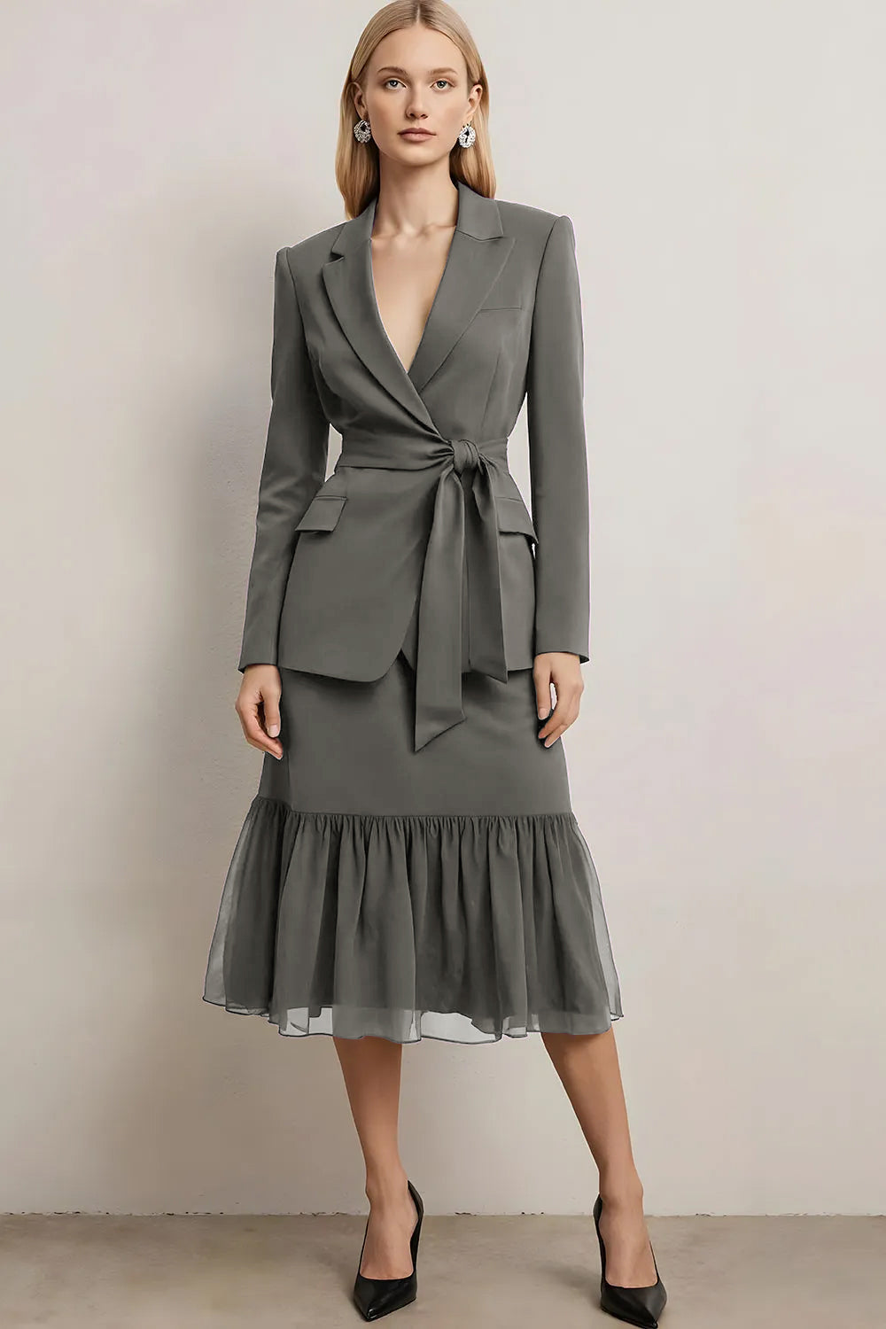 Dark Purple 2 Piece Peak Lapel Pencil Midi Business Suits