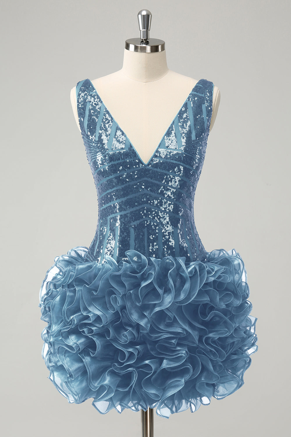 Glitter Dark Green V Neck Sequin Homecoming Dress with Detachable Ruffles