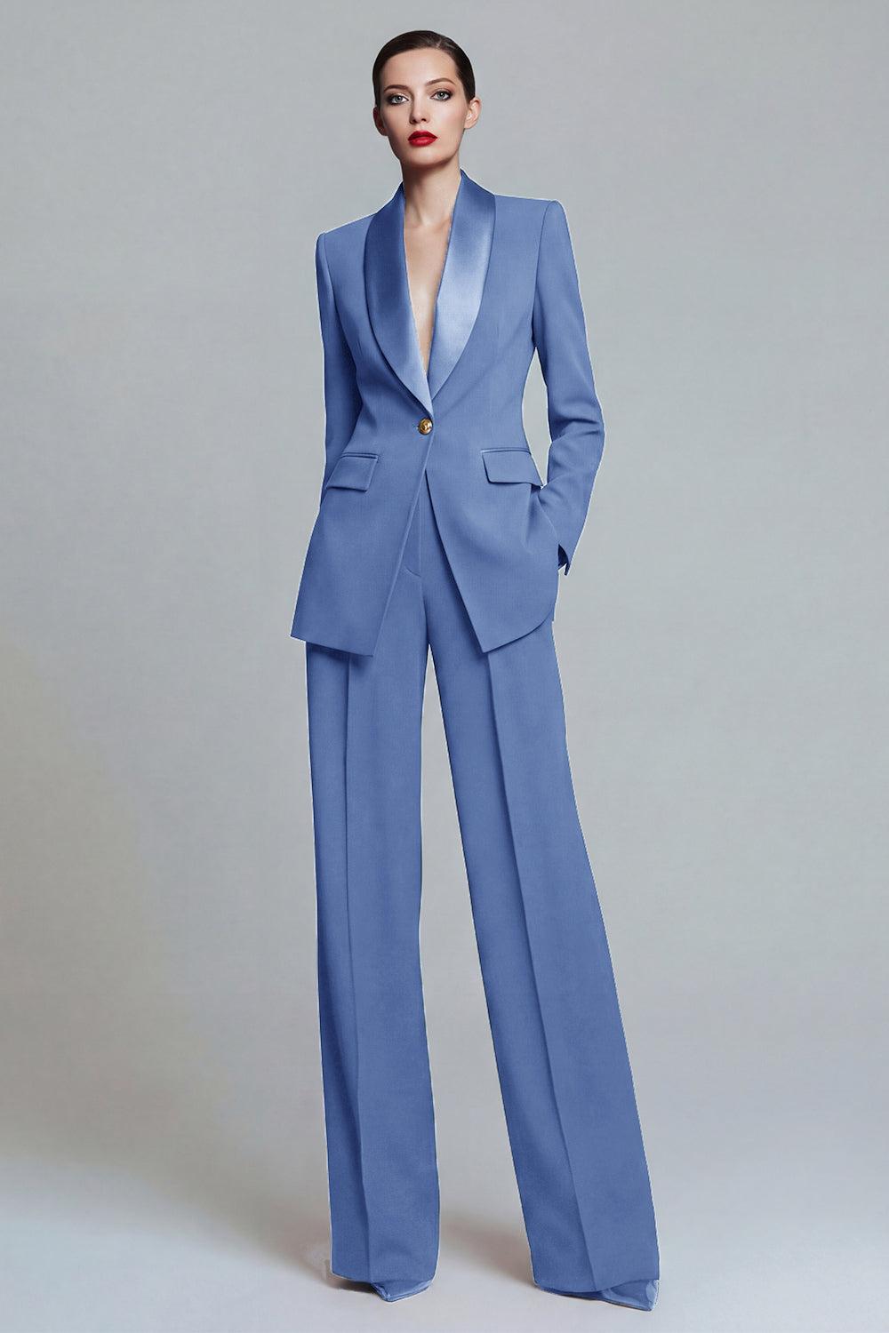 Tailleur pantalon femme 2 pièces vert foncé à revers châle avec poches