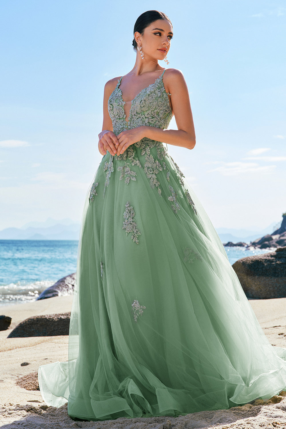Robe de bal longue bleu gris A-line à bretelles spaghetti et dos croisé