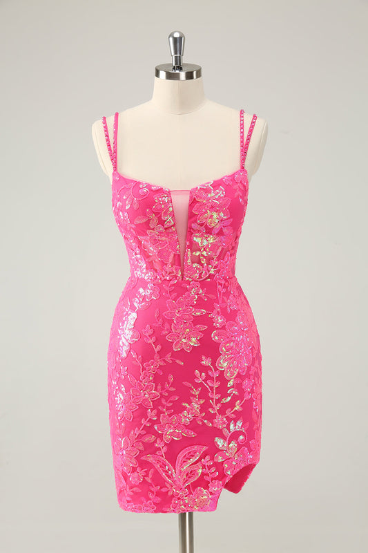 Gorgeous Hot Pink Bodycon Lace Up Glitter Short Homecoming Dress with Slit