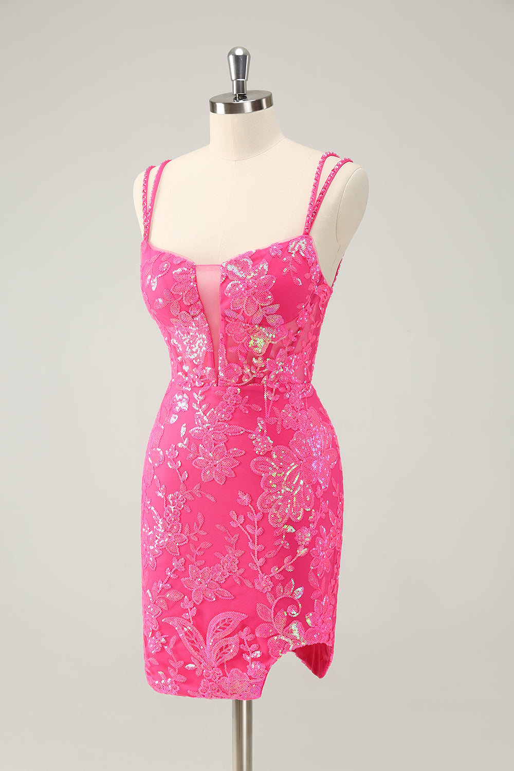 Gorgeous Hot Pink Bodycon Lace Up Glitter Short Homecoming Dress with Slit