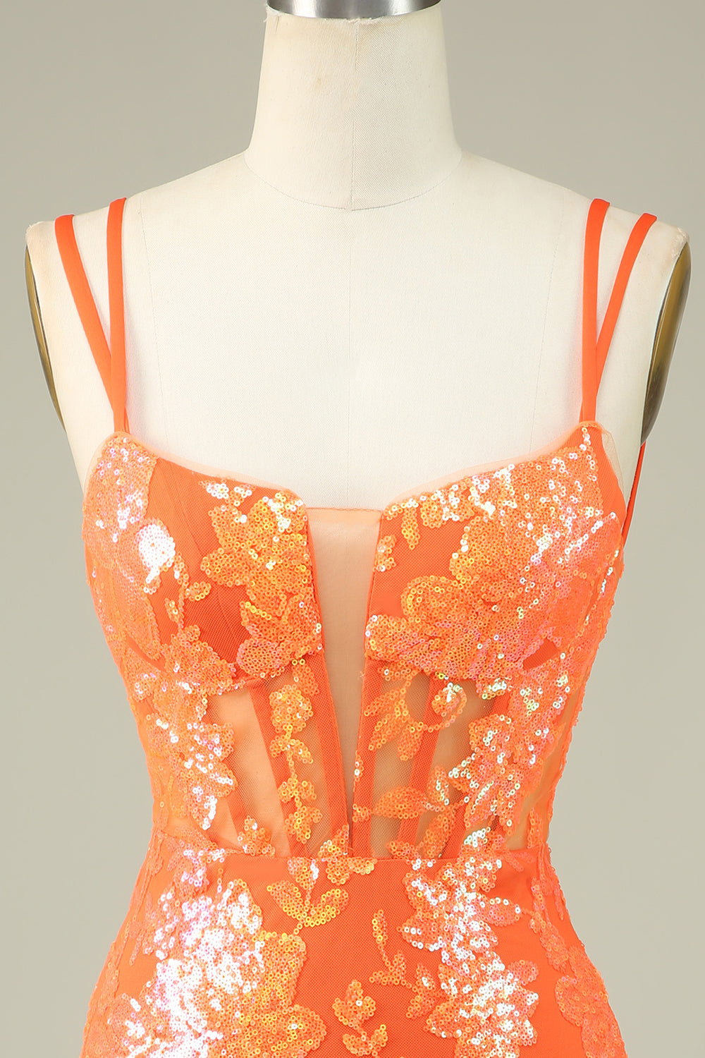 Magnifique robe de bal moulante orange à lacets et paillettes