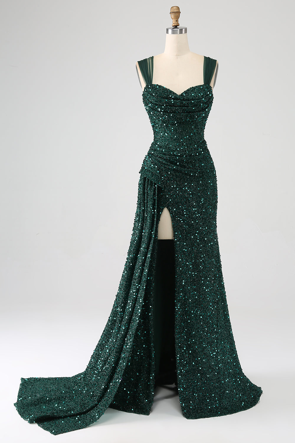 Robe de bal longue plissée vert foncé à sequins brillants fendue sur la cuisse