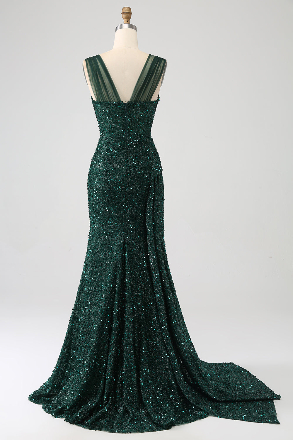 Robe de bal longue plissée vert foncé à sequins brillants fendue sur la cuisse