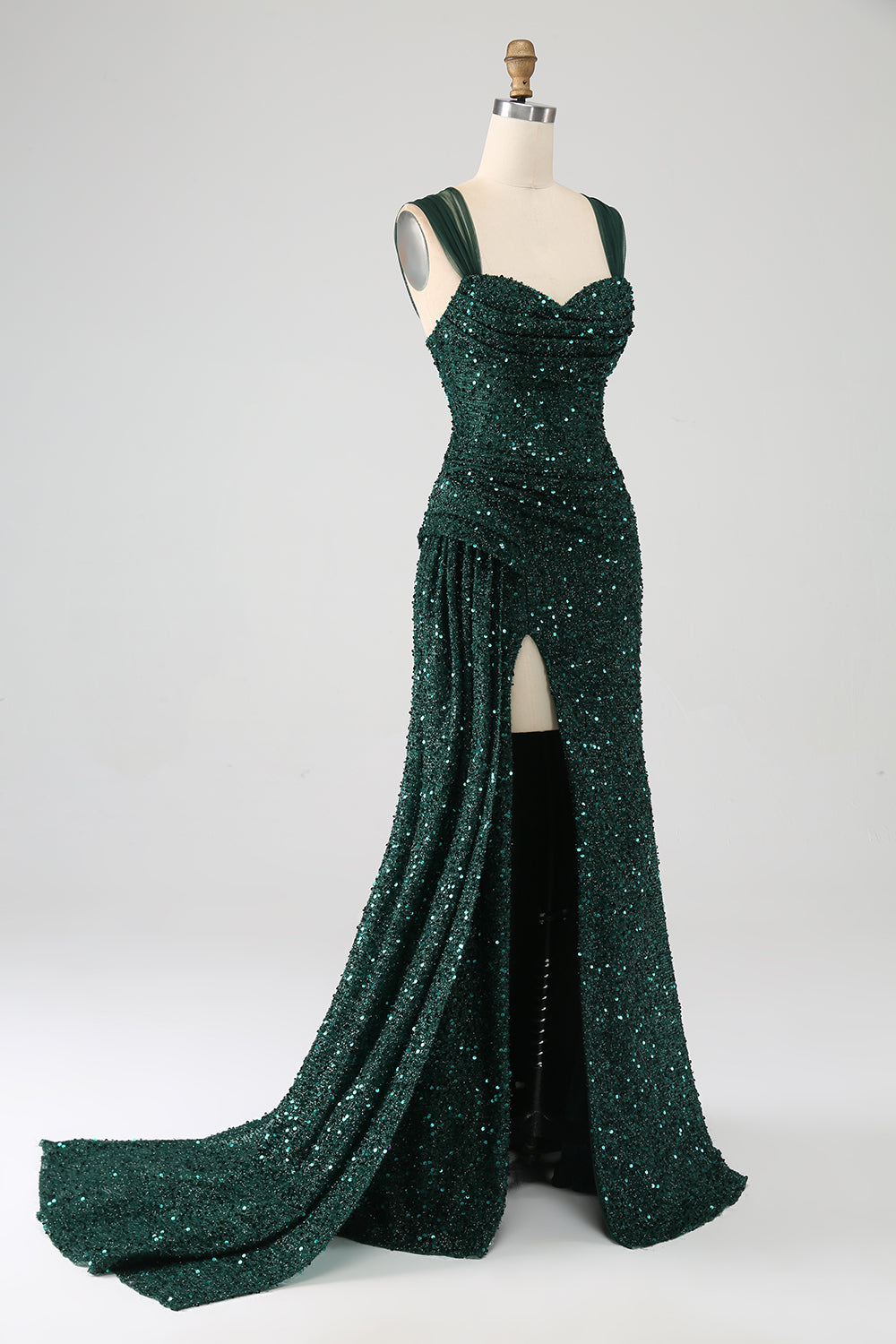 Robe de bal longue plissée vert foncé à sequins brillants fendue sur la cuisse