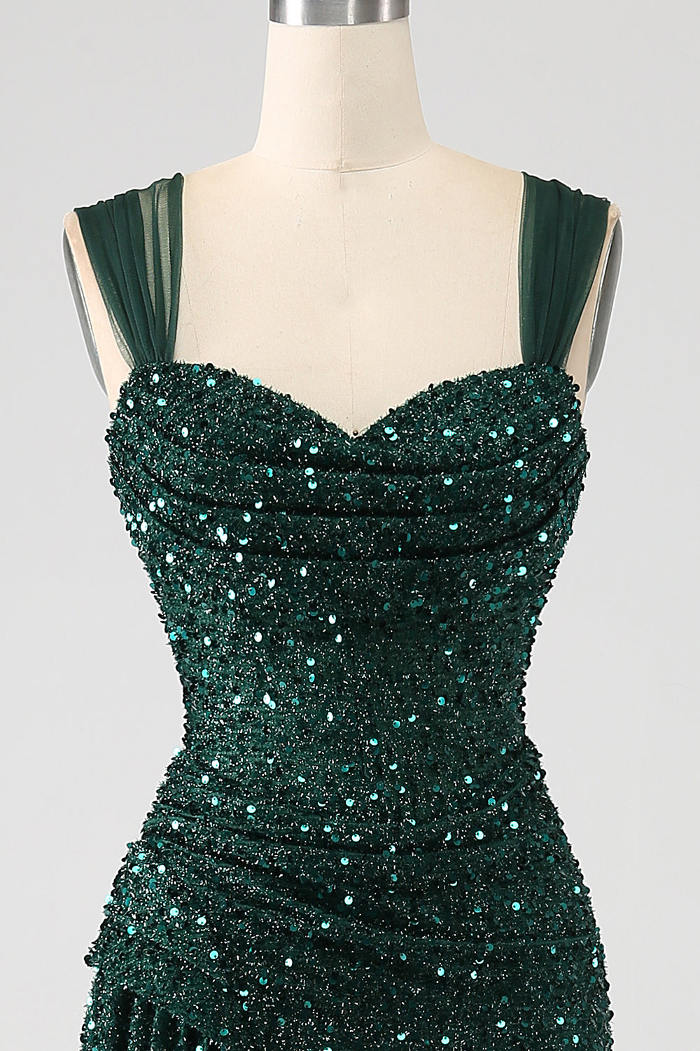 Robe de bal longue plissée vert foncé à sequins brillants fendue sur la cuisse