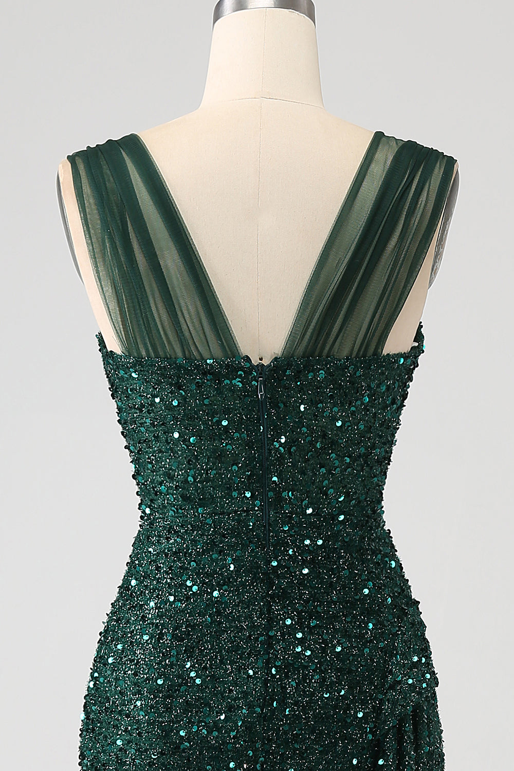 Robe de bal longue plissée vert foncé à sequins brillants fendue sur la cuisse