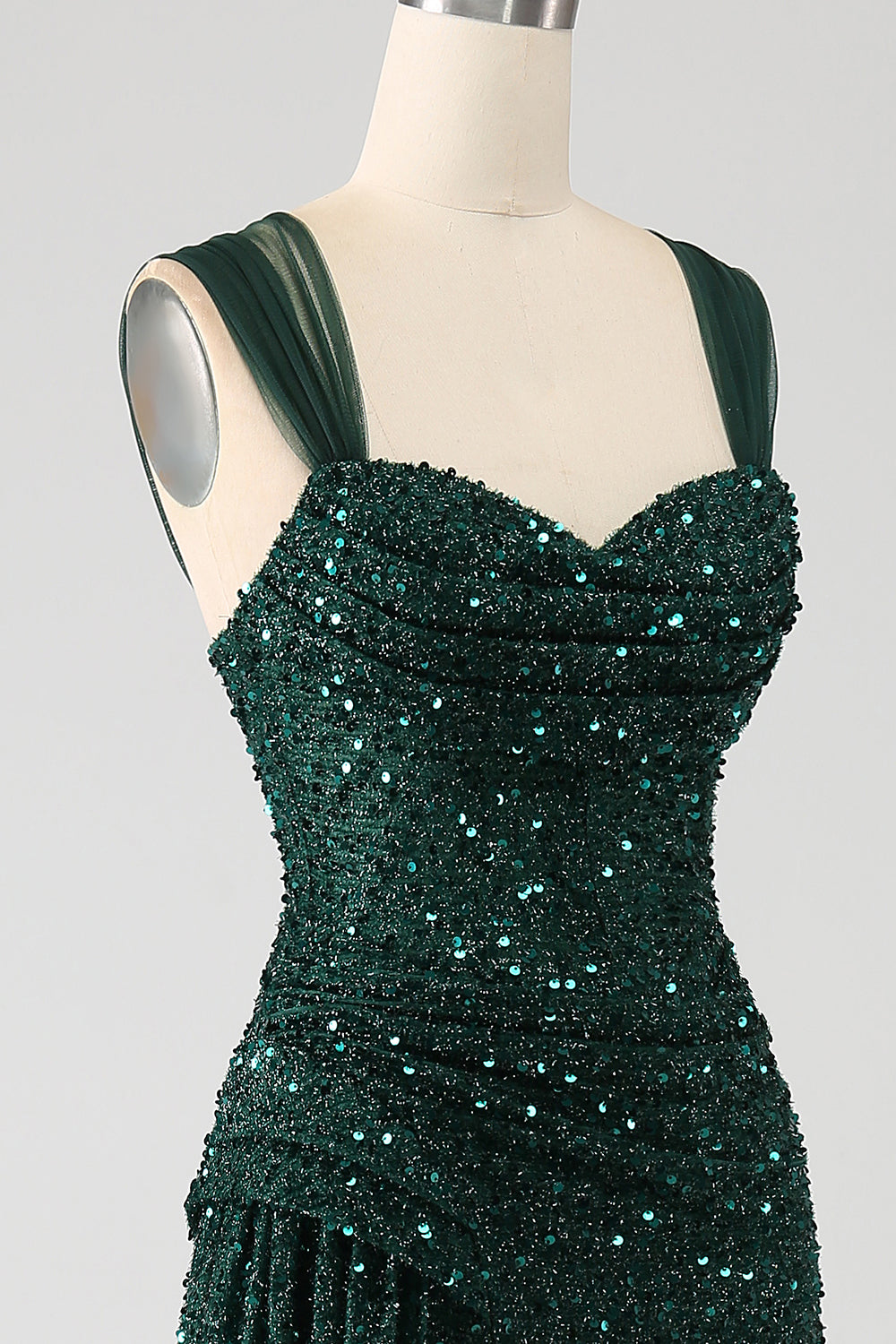 Robe de bal longue plissée vert foncé à sequins brillants fendue sur la cuisse