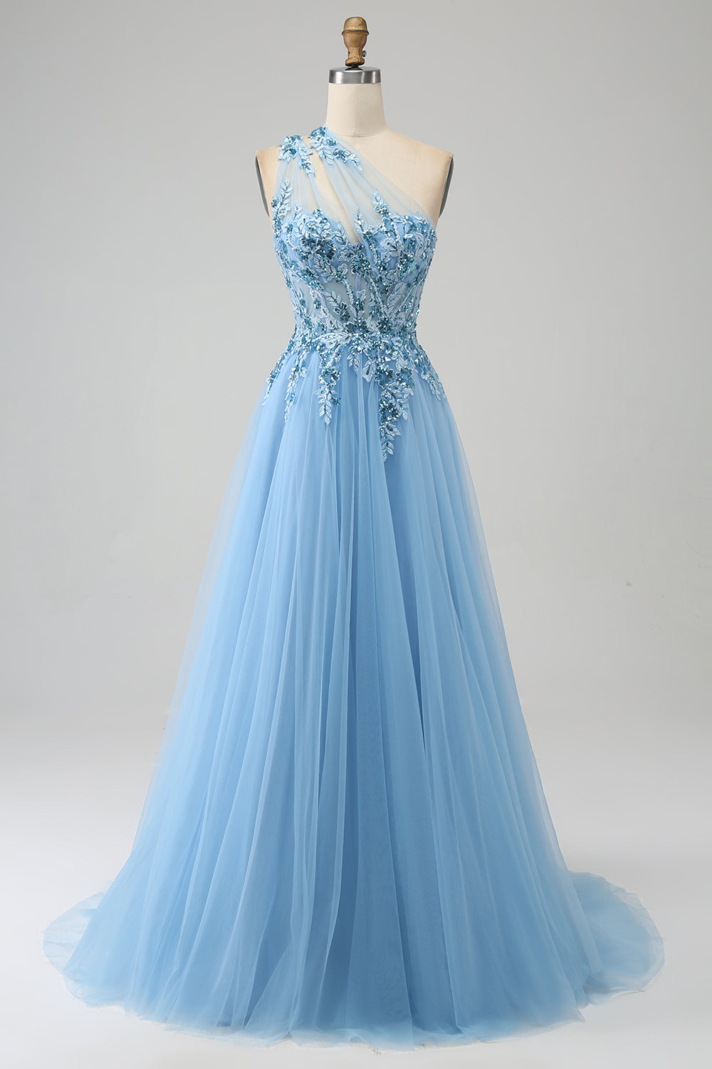 Robe de bal asymétrique bleu clair avec paillettes et appliqués