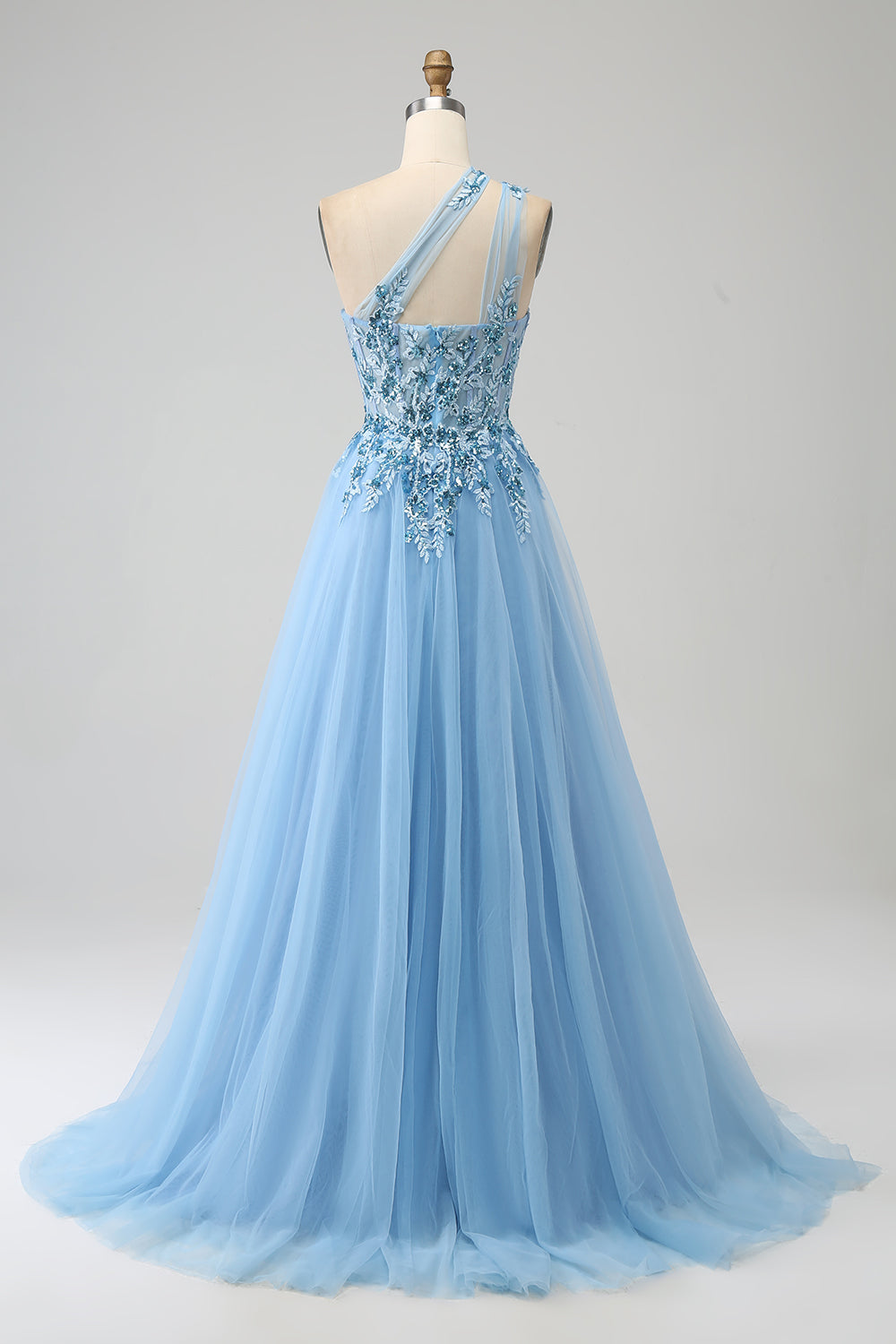 Robe de bal asymétrique bleu clair avec paillettes et appliqués