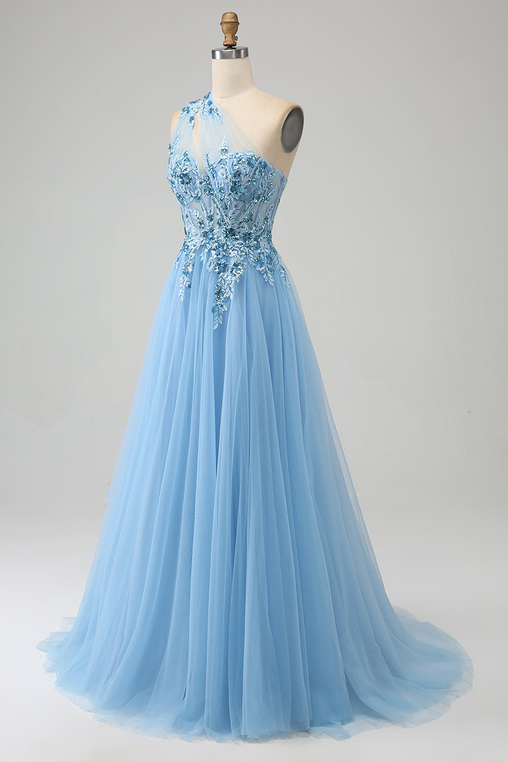 Robe de bal asymétrique bleu clair avec paillettes et appliqués