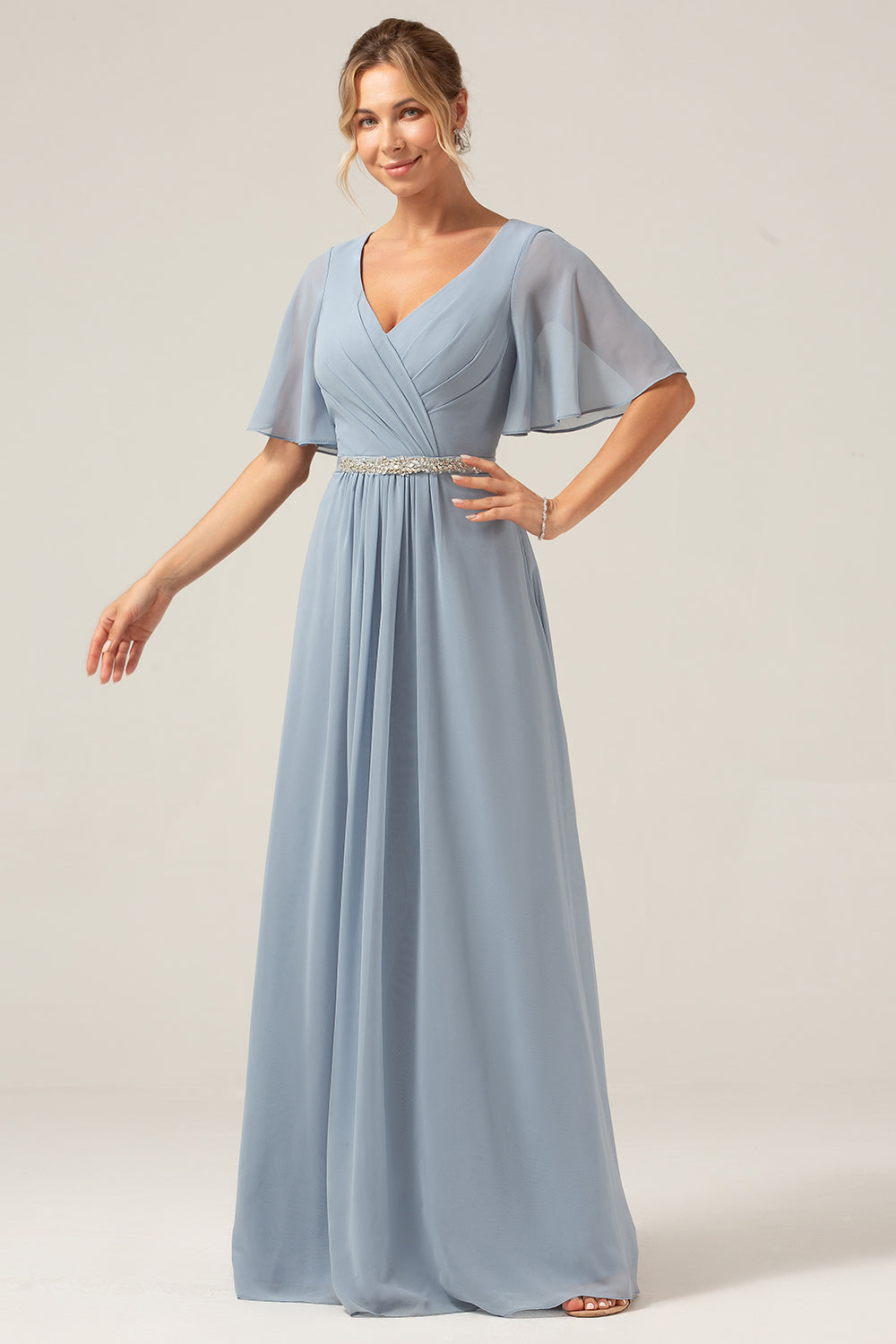 Robe de Demoiselle d'Honneur en Mousseline Bleu Poussiéreux, Coupe Évasée, Col en V, Manches Courtes