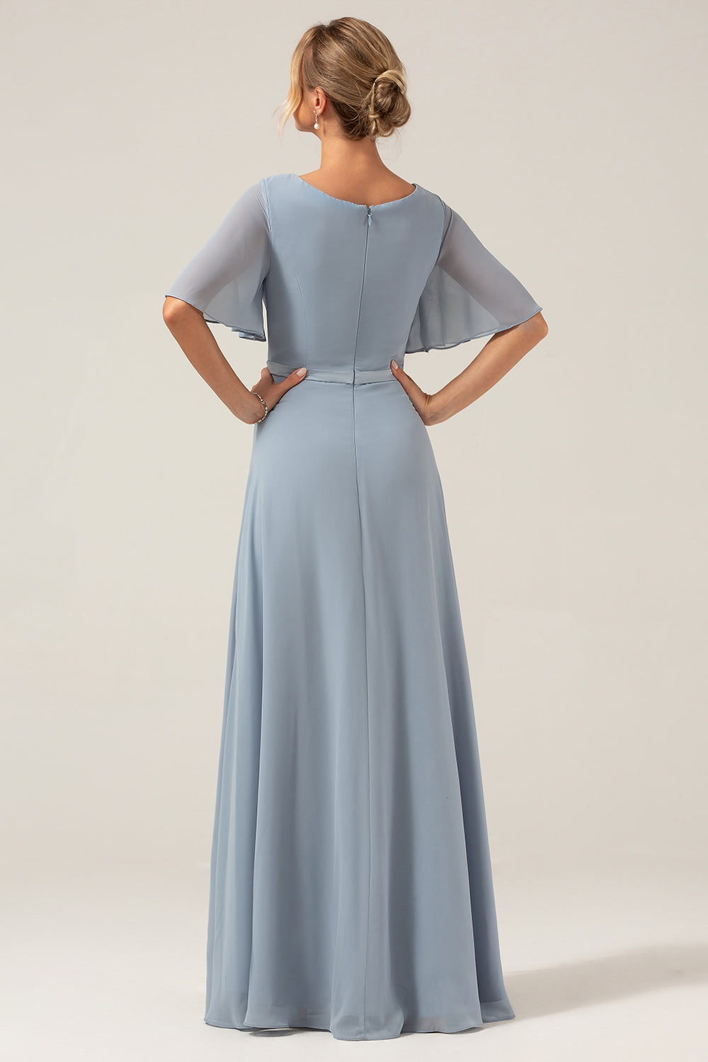 Robe de Demoiselle d'Honneur en Mousseline Bleu Poussiéreux, Coupe Évasée, Col en V, Manches Courtes