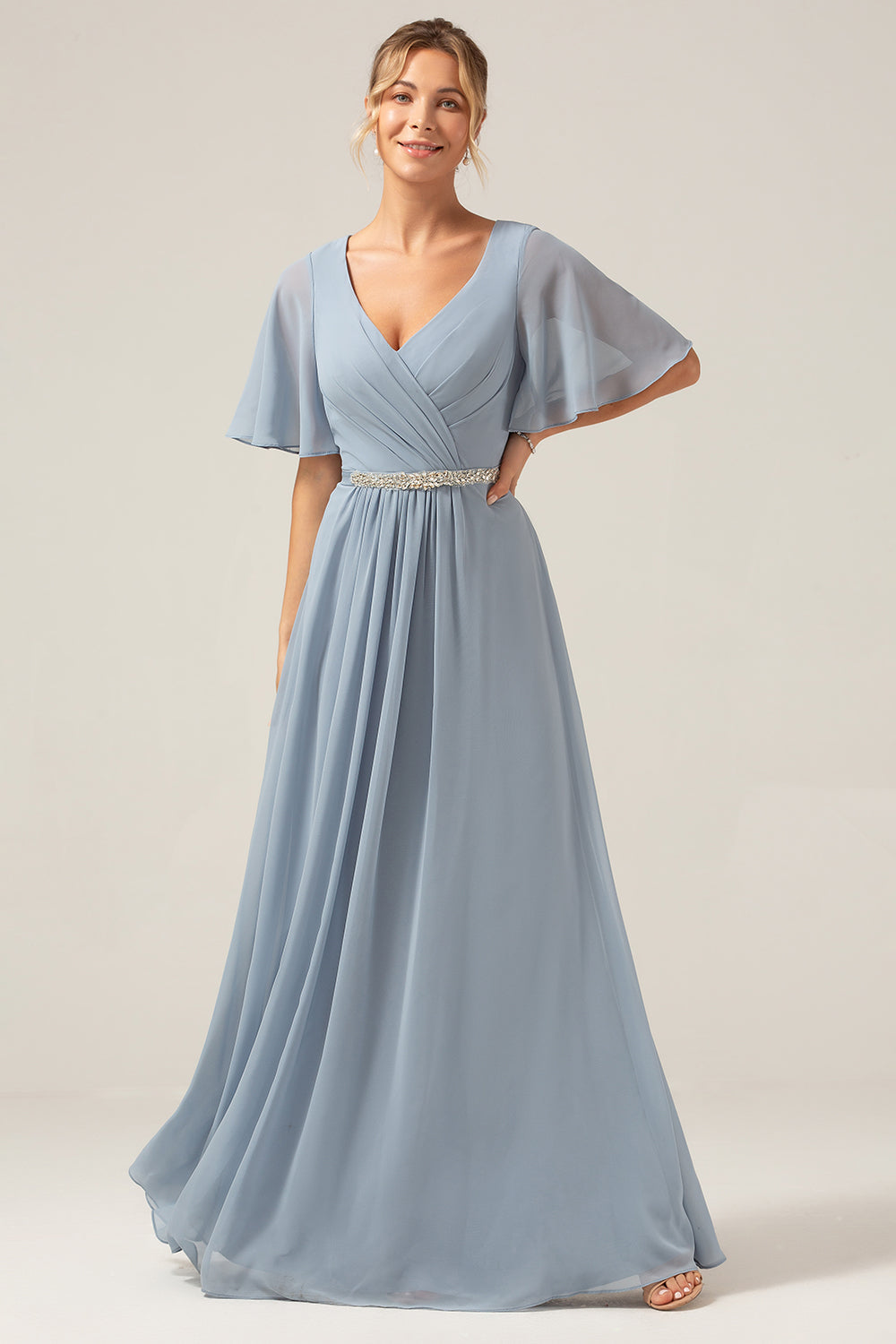 Robe de Demoiselle d'Honneur en Mousseline Bleu Poussiéreux, Coupe Évasée, Col en V, Manches Courtes