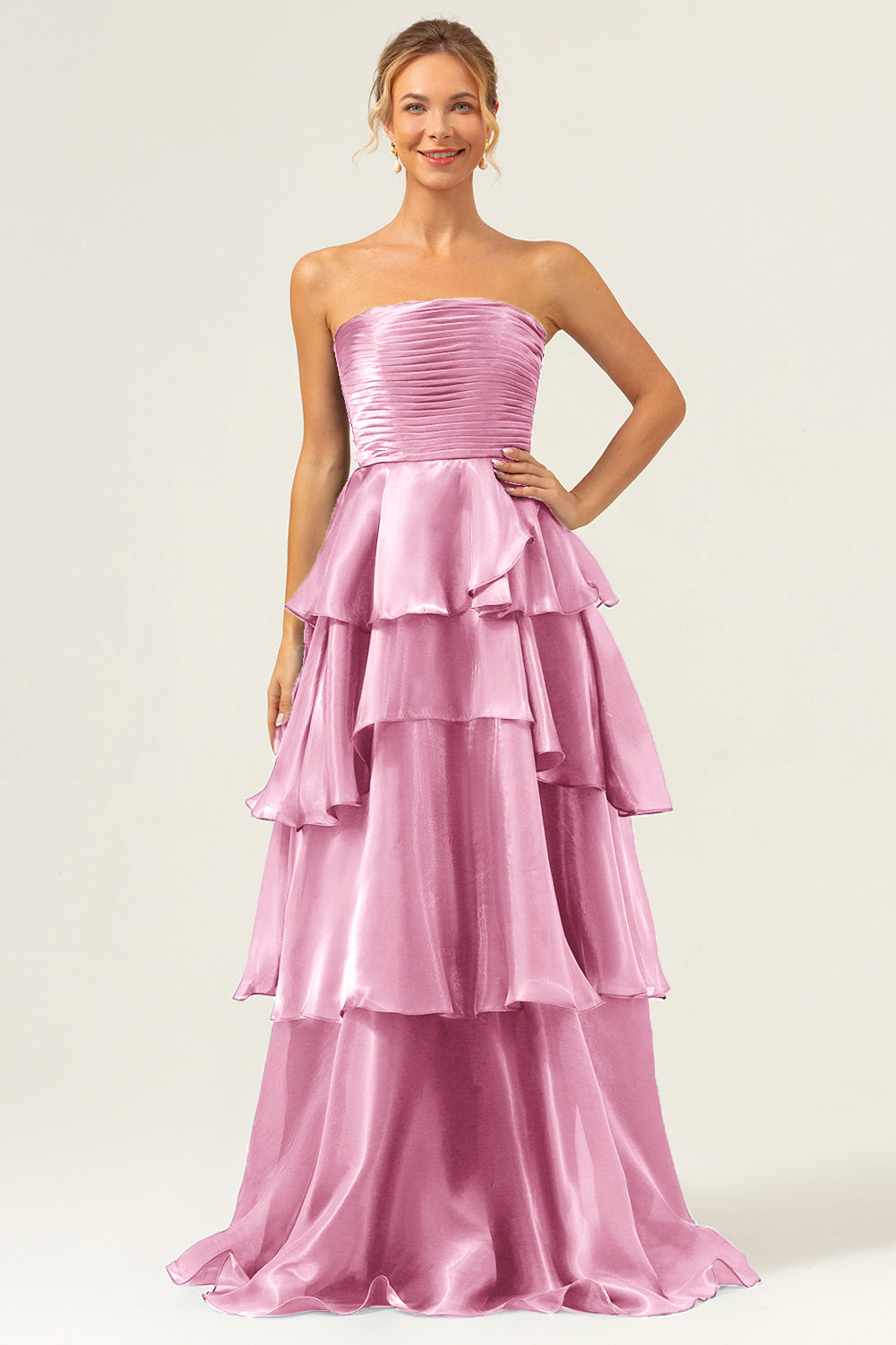 Blue A Line Strapless Tiered Satin Long Prom Dress