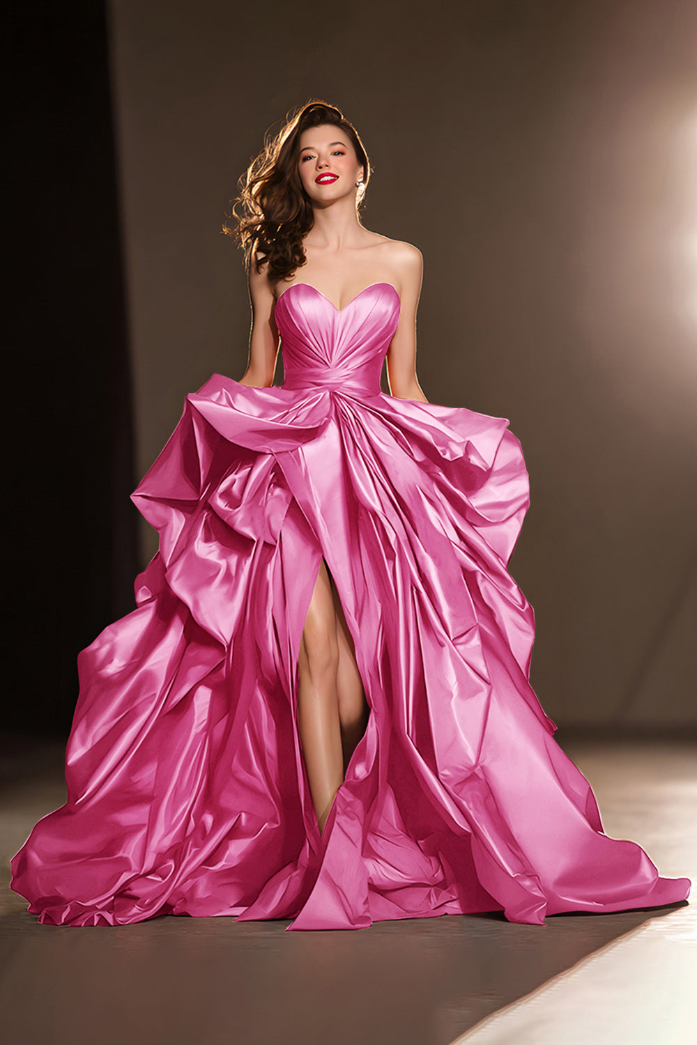 A-Line Sweetheart Dark Red Ruffle Pageant Dress with Slit