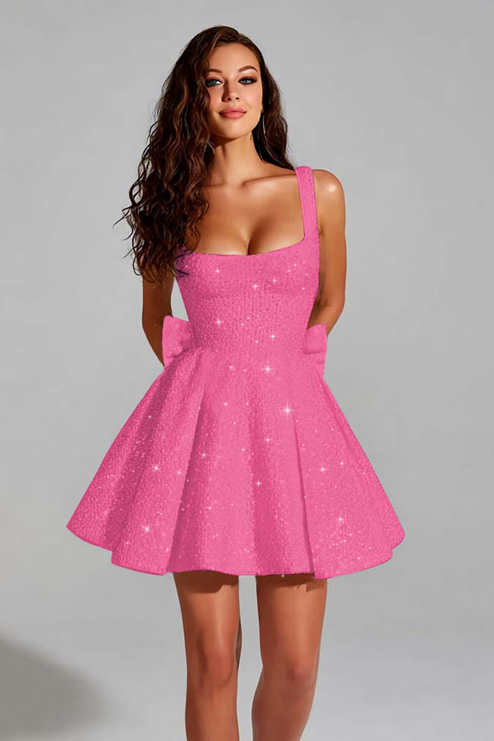 Robe courte de bal de promo en forme de trapèze à encolure carrée en ivoire pailleté et sequins, avec grand nœud au dos