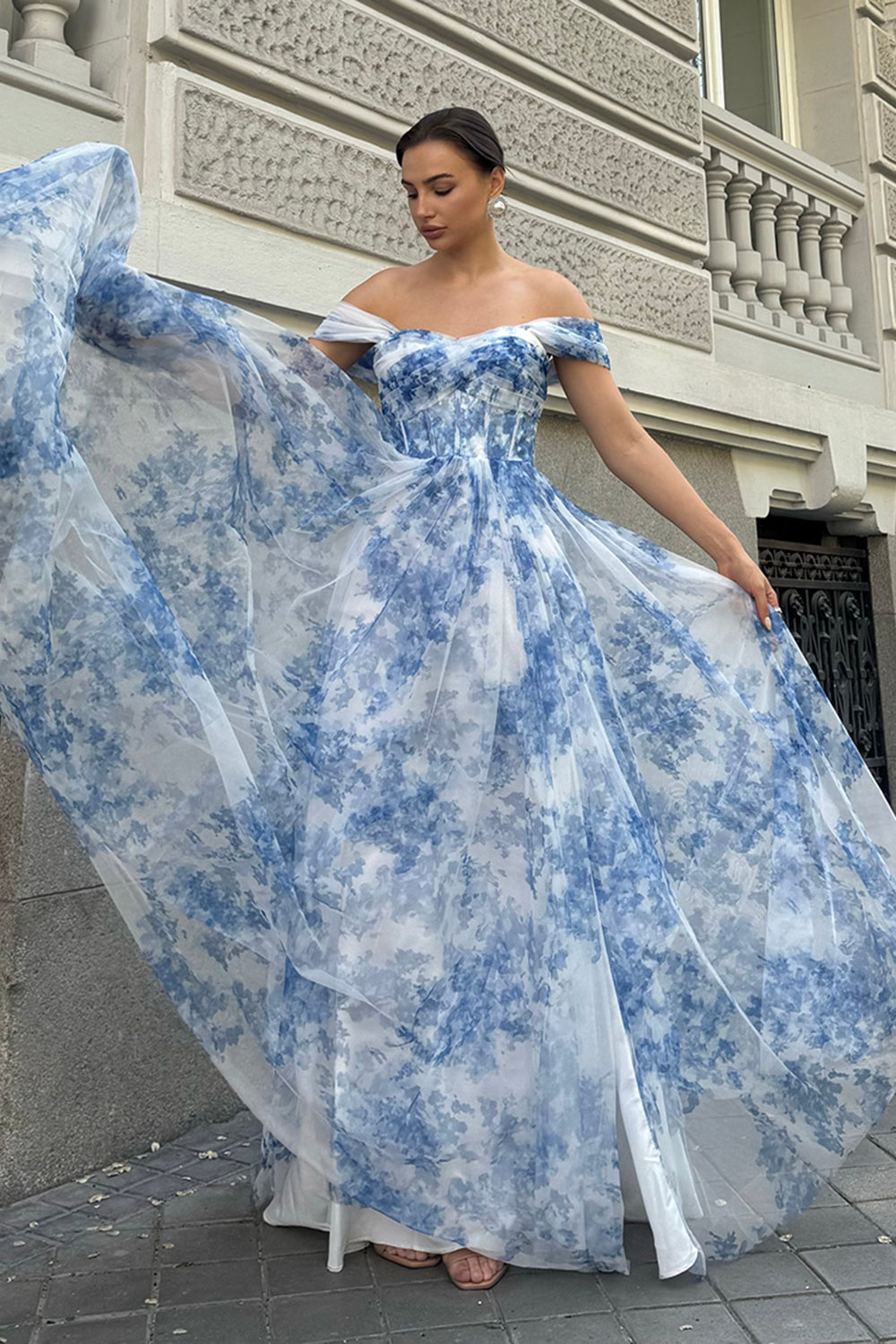 White Blue Flower Off the Shoulder A-Line Bridesmaid Dress with Slit