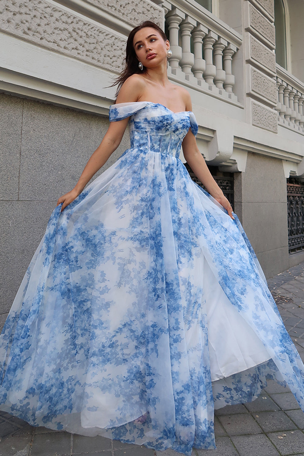 White Blue Flower Off the Shoulder A-Line Prom Dress with Slit