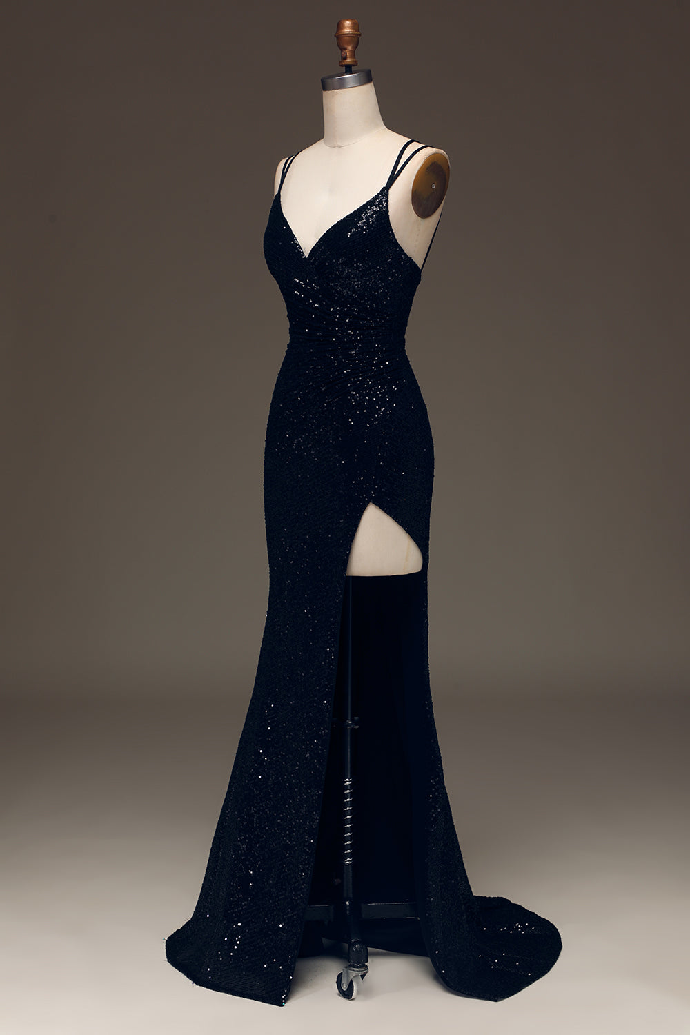 Robe de bal longue sirène fendue à paillettes noires scintillantes