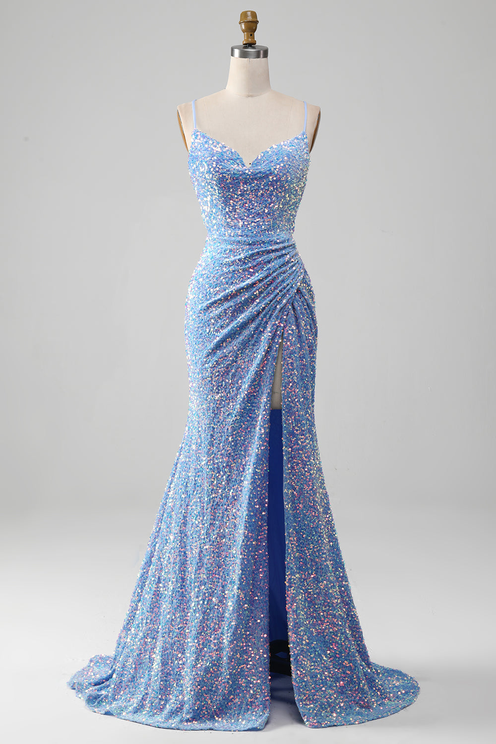 Robe de bal sirène bleu clair à sequins scintillants avec fente